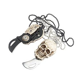Pocket Mini Knife With Vintage Skull Design; Outdoor Camping Survival Tactical Knife; Necklace Keychain EDC Tool (Color: BLACK)