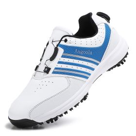 New Men's Spiked Golf Shoes Rotating Buttons Men's Professional Golf Shoes Outdoor Sports Training Shoes (Color: white blue)