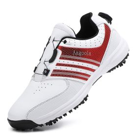 New Men's Spiked Golf Shoes Rotating Buttons Men's Professional Golf Shoes Outdoor Sports Training Shoes (Color: white red)